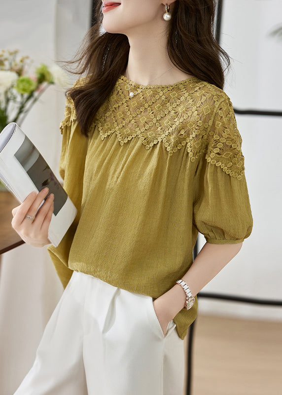 Frauen Khaki O Neck Spitze Patchwork Baumwolle Top Laterne Ärmel TH033