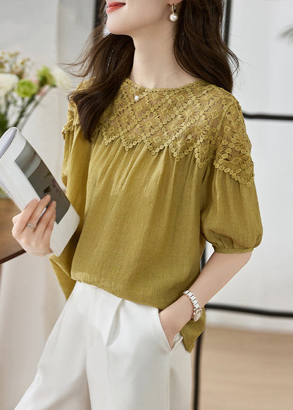 Frauen Khaki O Neck Spitze Patchwork Baumwolle Top Laterne Ärmel TH033