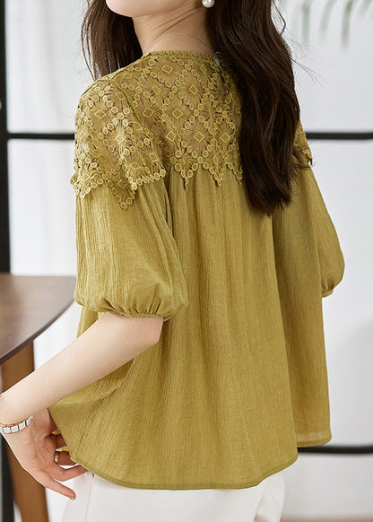 Frauen Khaki O Neck Spitze Patchwork Baumwolle Top Laterne Ärmel TH033