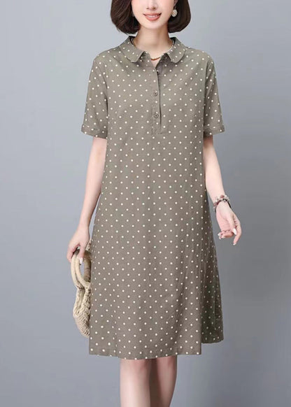 Frauen Kleid Sommer Arbeit Peter Pan Dot Kragen Druck Khaki
