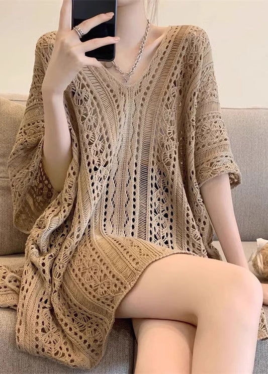 Half Tops Sleeve Knit Neck Hollow Khaki Out Women V