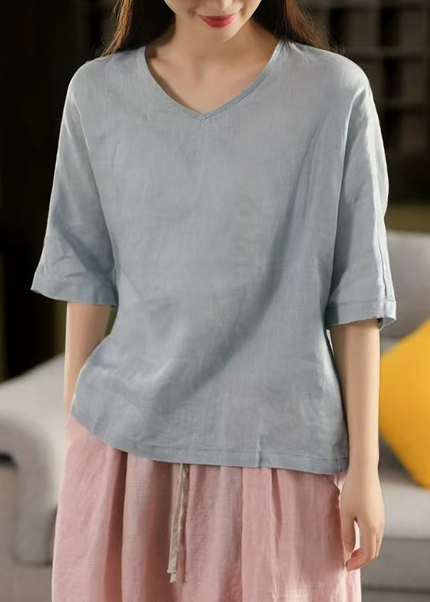 Blaues leichtes T-Ärmel-Leinenhals-Halb-Damen-Solid-Shirt V