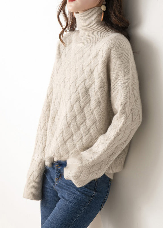 Women Light Camel Turtleneck Plaid Wool Knit Sweaters Spring TF001