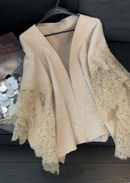 Cardigans en tricot patchwork à col en V et dentelle camel clair pour femmes, printemps TD024