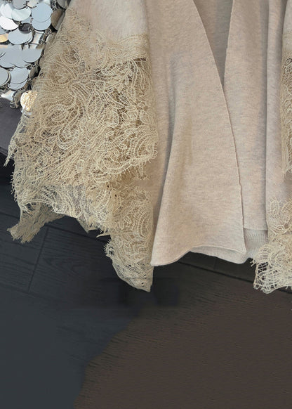 Cardigans en tricot patchwork à col en V et dentelle camel clair pour femmes, printemps TD024