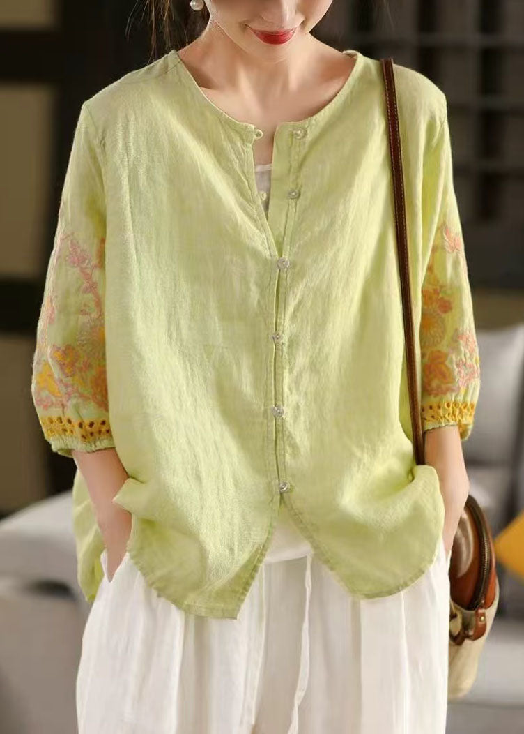 Linen Bracelet Sleeve Women Green Embroidered Light Shirts