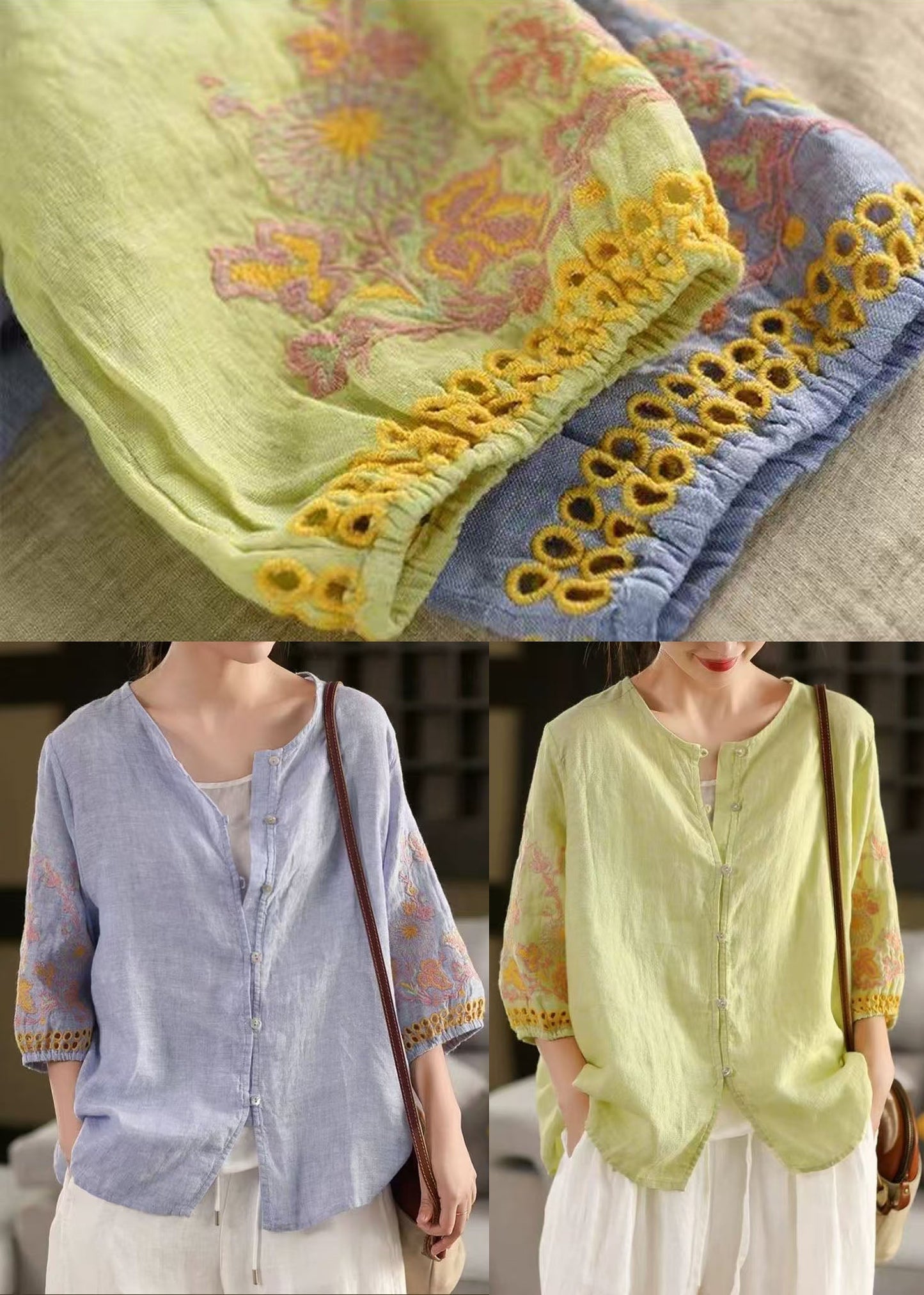 Linen Bracelet Sleeve Women Green Embroidered Light Shirts