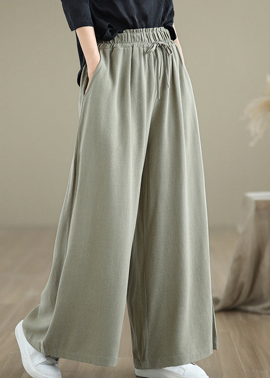 Women Light Green Pockets Elastic Waist Cotton Pants Fall QO046