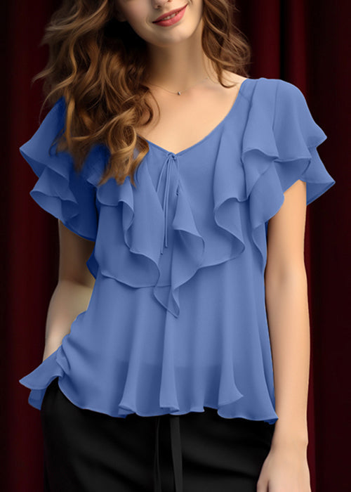 Summer Women Chiffon Top Grey Light Ruffled Up Lace