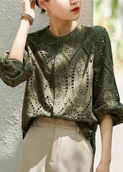 Women Light Khaki O Neck Hollow Out Cotton Blouses Long Sleeve Ada Fashion