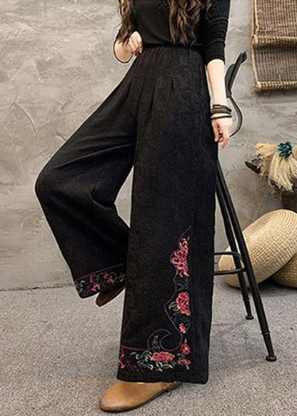 Women Navy Embroidered Pockets Cotton Wide Leg Trousers Spring BV069