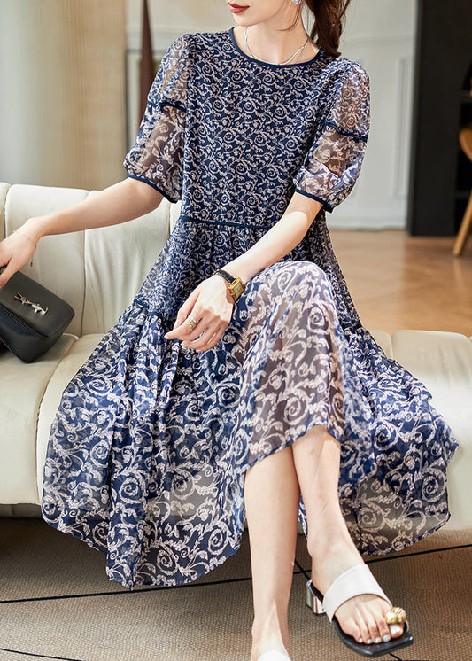 Robe d'été en mousseline de soie patchwork pour femme, imprimé, col rond, bleu marine