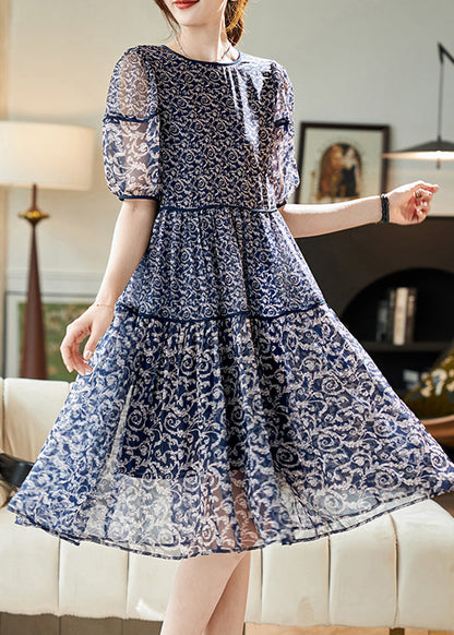 Robe d'été en mousseline de soie patchwork pour femme, imprimé, col rond, bleu marine