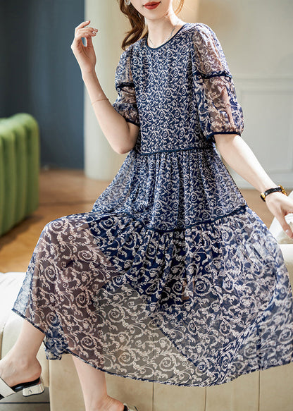 Robe d'été en mousseline de soie patchwork pour femme, imprimé, col rond, bleu marine