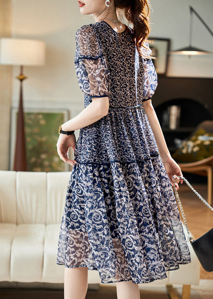 Robe d'été en mousseline de soie patchwork pour femme, imprimé, col rond, bleu marine