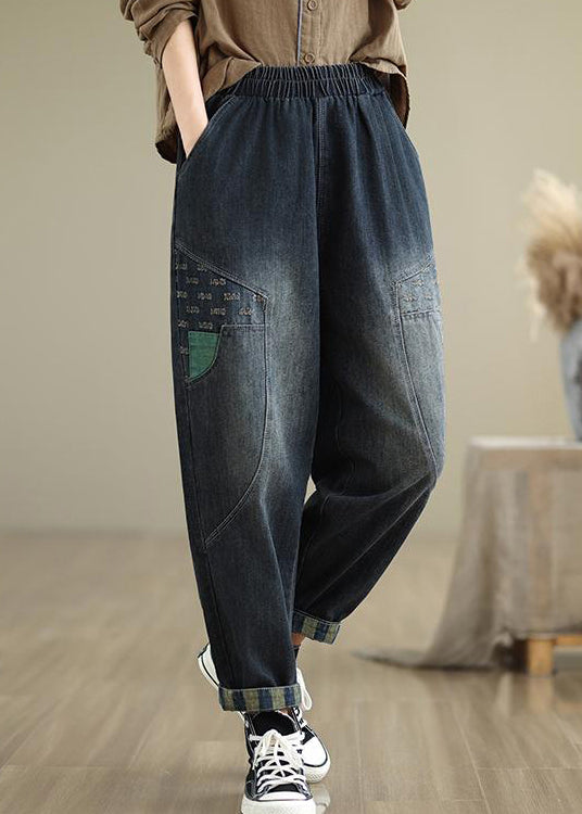 Women Navy Pockets Elastic Waist Denim Pants Fall QO053