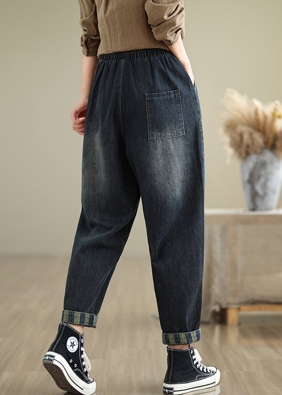 Women Navy Pockets Elastic Waist Denim Pants Fall QO053