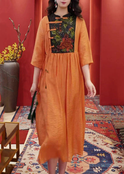 Robe en coton à boutons brodés orange pour femmes, demi-manches AA1055