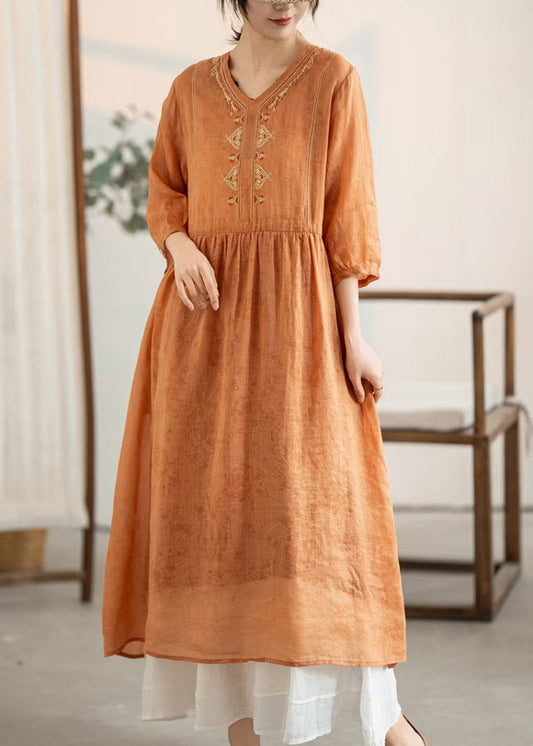 Damen Sommer Bestickte Orange Leinen Patchwork Kleider