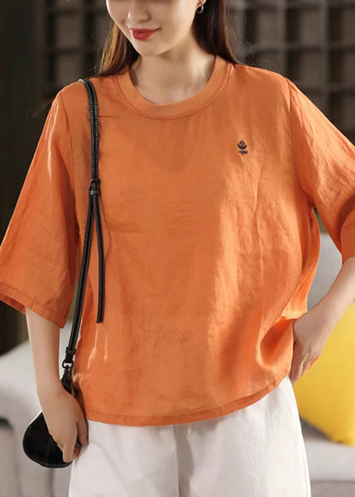 Shirts Damen Orange O Solid Neck Leinen Halbarm T
