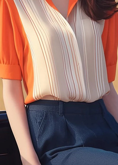 Women Orange Peter Pan Collar Patchwork Chiffon Shirt Summer KJ010