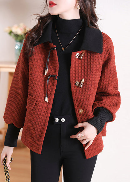 Women Orange Peter Pan Collar Pockets Cotton Coat Winter RS047