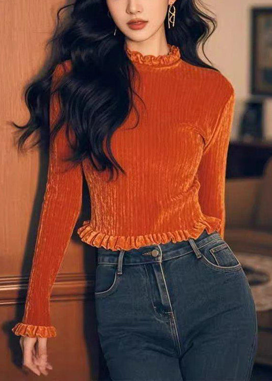 Chemises à volants en velours orange T pour femmes, couleur unie, printemps