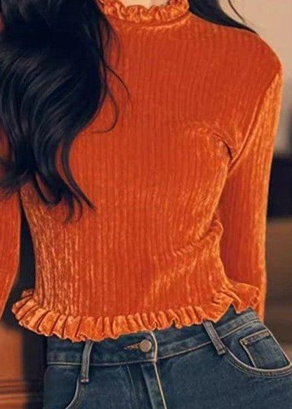Chemises à volants en velours orange T pour femmes, couleur unie, printemps