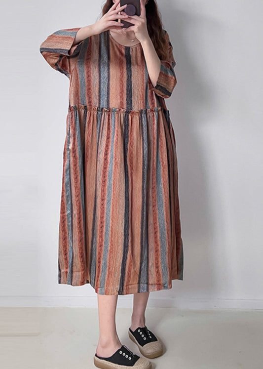 Women Orange Striped Patchwork Silk Cotto Long Dresses Long Sleeve VV073