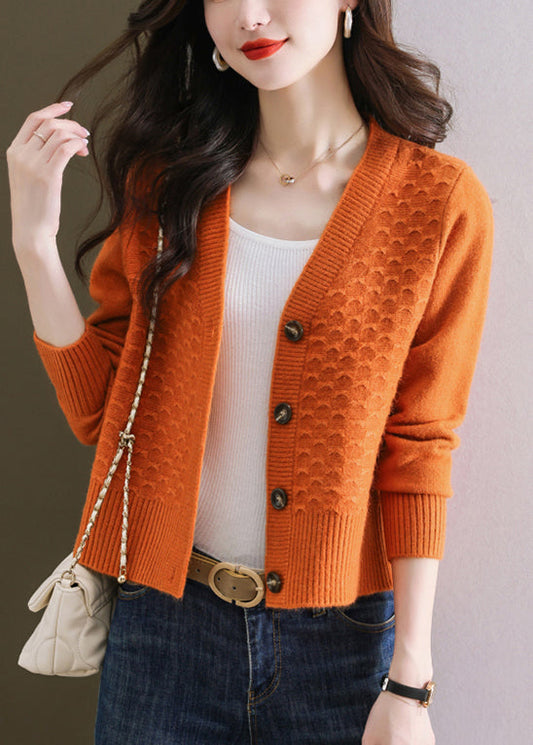 Cardigan en laine tricoté à boutons et col en V pour femme, orange, hiver WL014