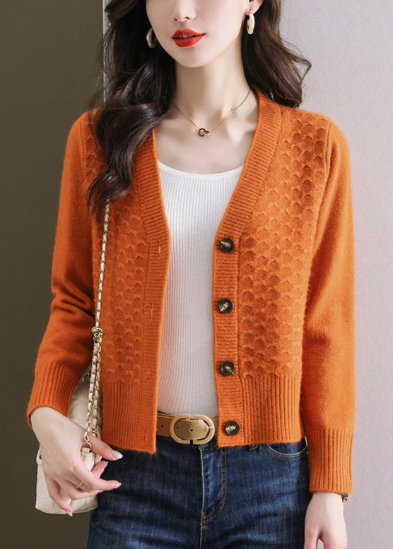 Cardigan en laine tricoté à boutons et col en V pour femme, orange, hiver WL014