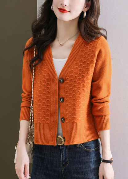 Cardigan en laine tricoté à boutons et col en V pour femme, orange, hiver WL014