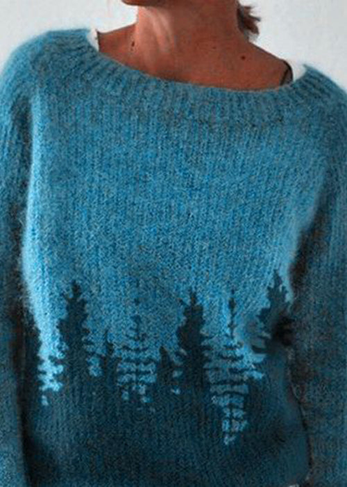 Women Peacock Blue O Neck Cozy Knit Sweaters Fall QA012