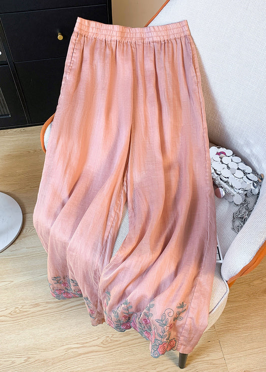 Summer Waist Elastic Pink Pants Linen Embroidered Wide Leg Women