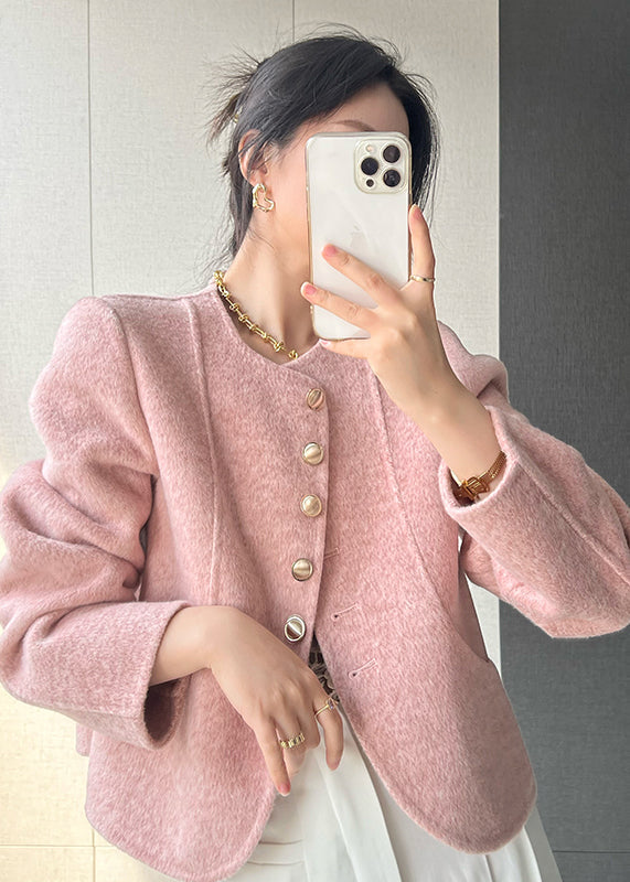 Manteau court en laine rose à col rond et boutons pour femme, printemps TQ018