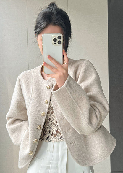 Manteau court en laine rose à col rond et boutons pour femme, printemps TQ018