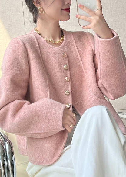 Manteau court en laine rose à col rond et boutons pour femme, printemps TQ018