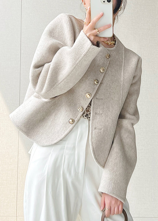 Manteau court en laine rose à col rond et boutons pour femme, printemps TQ018