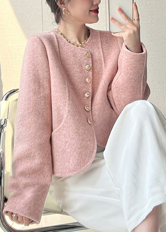 Manteau court en laine rose à col rond et boutons pour femme, printemps TQ018