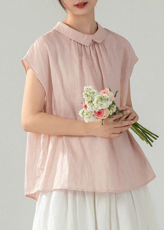 Baumwolle Peter Pan Button Shirt Damen Rosa Sommer Solide Kragen