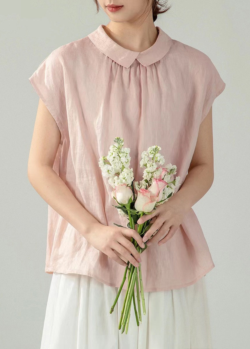 Chemise Peter Pan d'été à boutons en coton pour femme, col rose uni