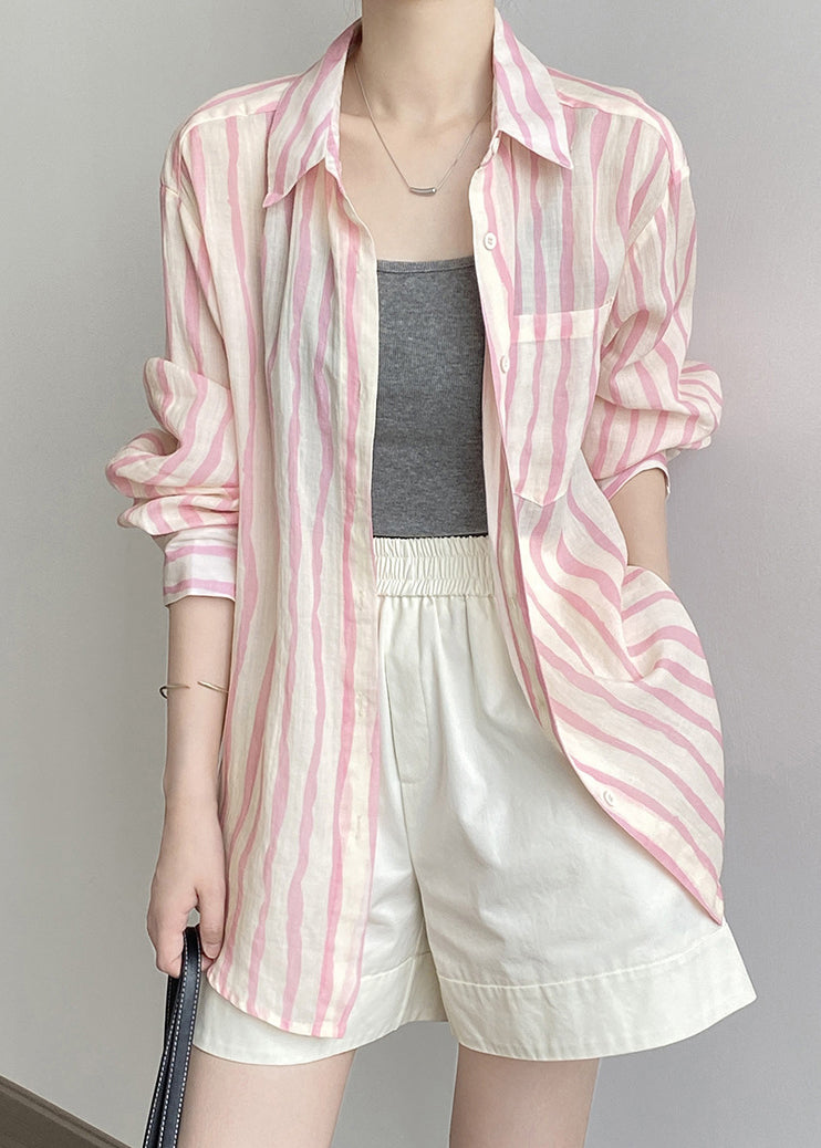 Women Pink Peter Pan Collar Striped Linen Shirt Tops Fall QB035