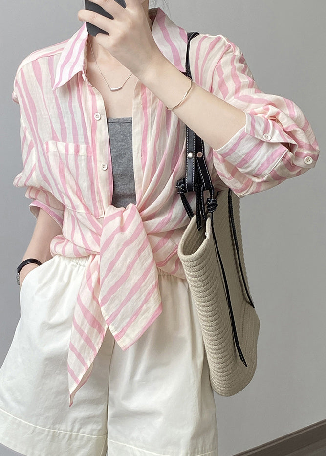 Women Pink Peter Pan Collar Striped Linen Shirt Tops Fall QB035