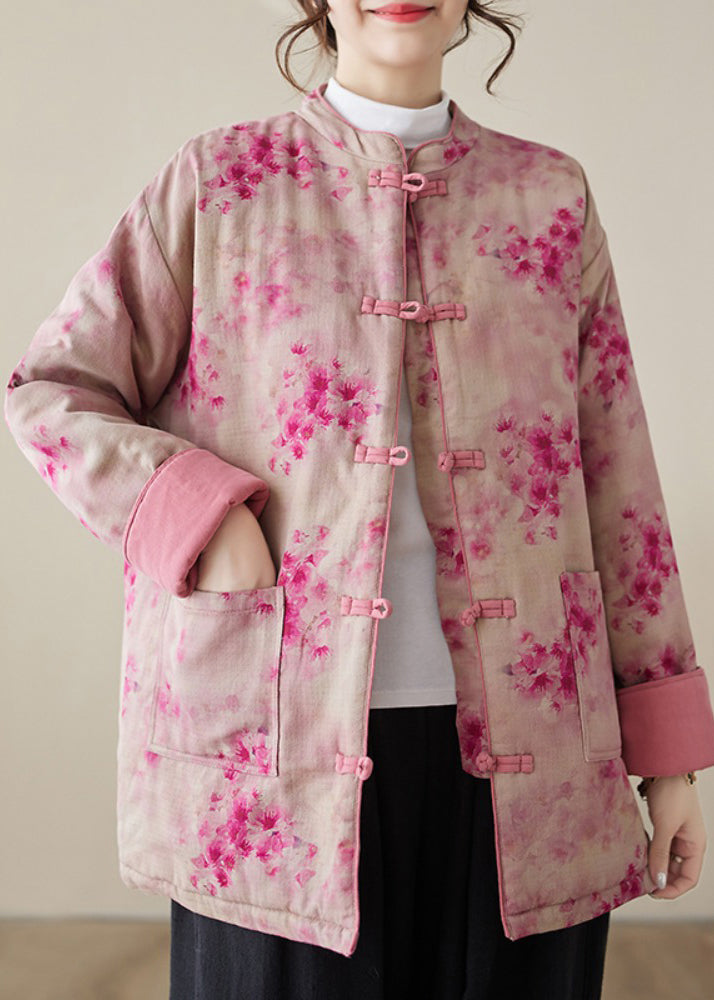 Women Pink Print Button Pockets Cotton Filled Parkas Winter QG024