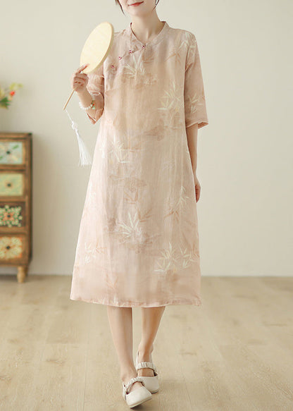 Robe en coton rose à imprimé poches et manches mi-longues pour femmes JH047