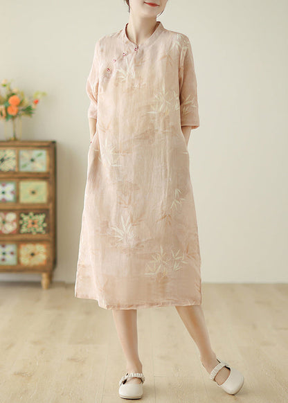 Robe en coton rose à imprimé poches et manches mi-longues pour femmes JH047