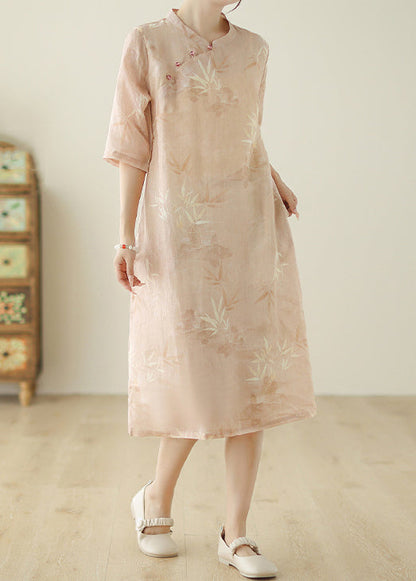 Robe en coton rose à imprimé poches et manches mi-longues pour femmes JH047