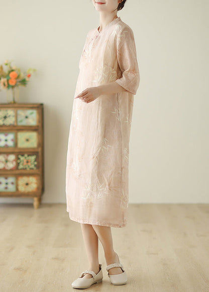 Robe en coton rose à imprimé poches et manches mi-longues pour femmes JH047