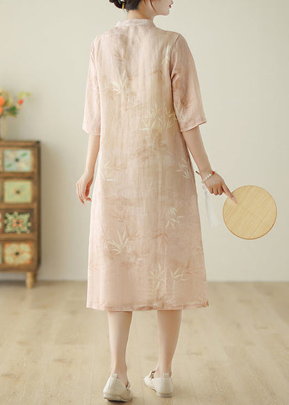 Robe en coton rose à imprimé poches et manches mi-longues pour femmes JH047