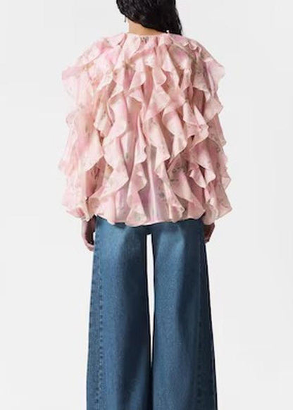 Shirt Women Tops Fall Patchwork Ruffled Chiffon Pink